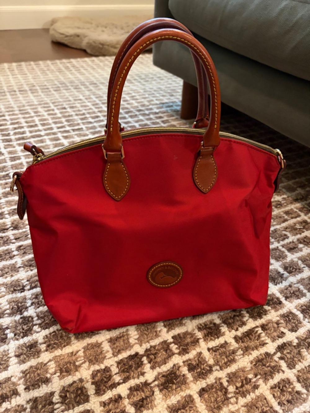 Dooney & Bourke Red Nylon Tote with Brown Leather Trim